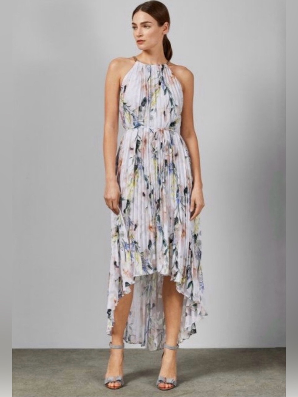 Ted Baker Valetia EUC Floral Print Pleated White Dress US Sz 2 Wedding Guest
